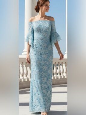 Adriana Pappel Light Blue Lace Midi Dress with Sheer Bell Sleeves size 6